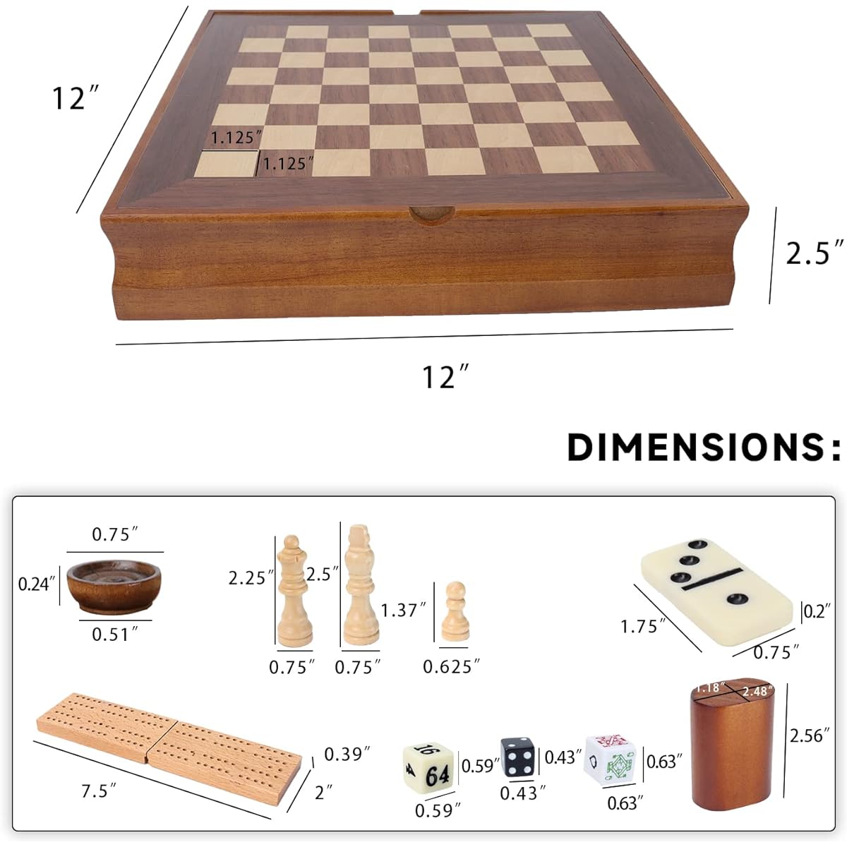 GSE Wooden 7-in-1 Board Game Set Chess Checkers Backgammon Dominoes Cribbage Board Playing Cards Poker Dice Game Combo Set (Old Fashioned)