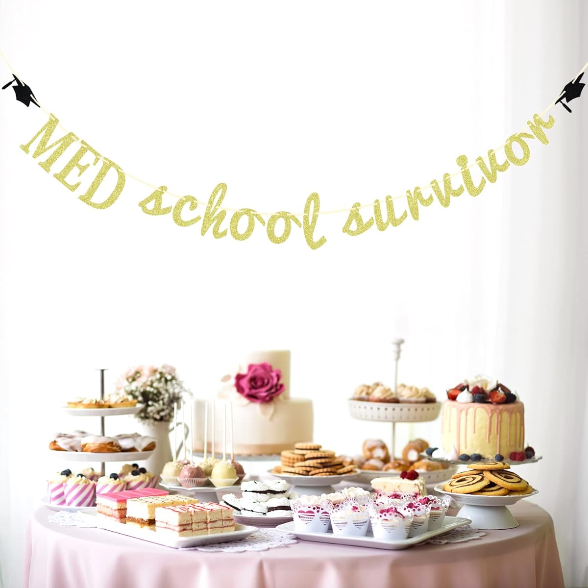 Med School Survivor Banner Congrats Doctor Grad Decor 2024 Future Doctor, Glitter Medical School Graduation Party Decorations (Gold and Black)