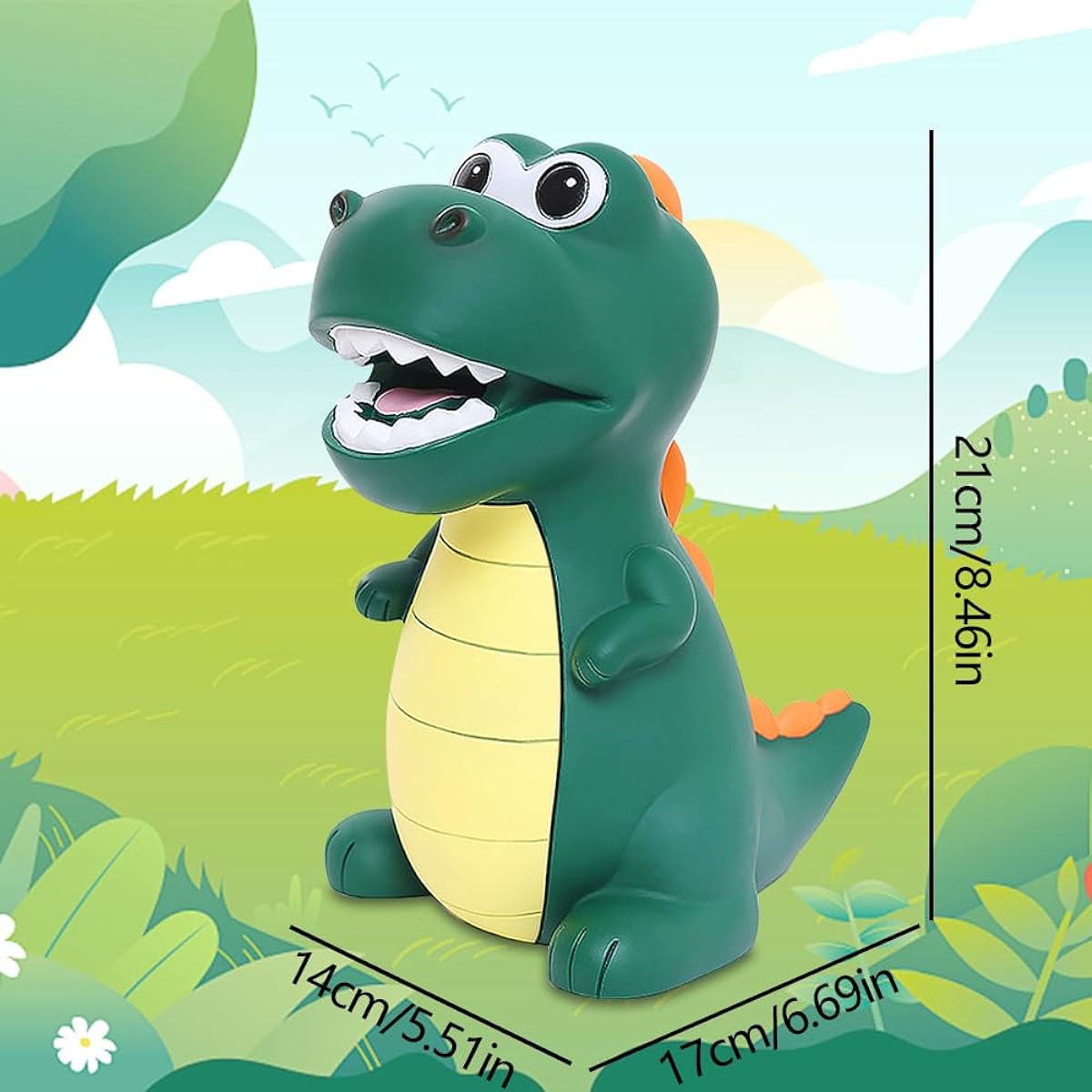 Dinosaur Piggy Bank for Kids, Creative Dinosaur Shape Piggy Bank, Safe PVC Material, Room Decoration/Gift/Toy for Boys & Girls (Green Stand)