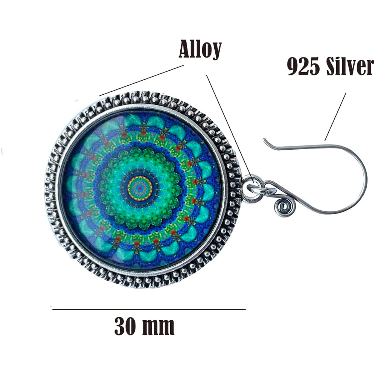 lovielf 925 Silver Portuguese Knitting Pins for Knitting Teal Bohemian Mandala Design - Magnetic | 2 Pieces (Mandala)