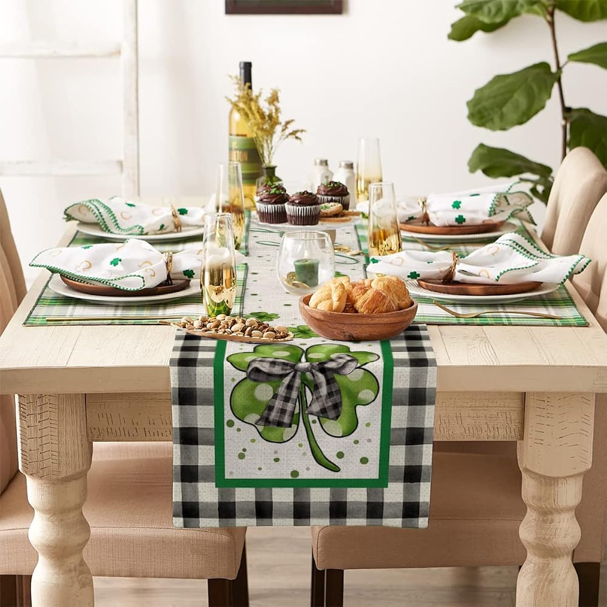 ARKENY St. Patrick's Day Lucky Green Shamrock Table Runner 72" Ribbon Spring Seasonal Holiday Decor Dining Table Indoor Home Farmhouse Tabletop Decor AT394