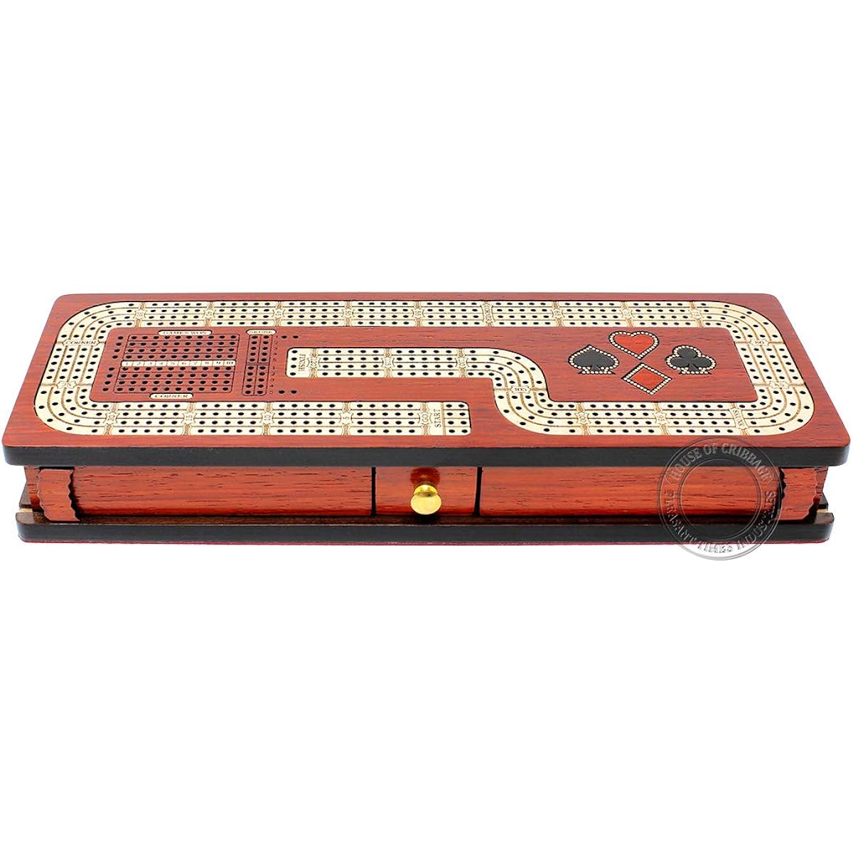 House of Cribbage - Continuous Cribbage Board / Box Embedded in Bloodwood / Maple: 4 Tracks - Card & Peg Storage Drawer with Scoremark Field for Skunk, Corner, and Win Games