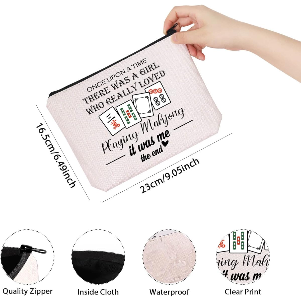 Mahjong Gift "There Was A Girl Who Really Loved Who Really Loved Mahjong" Zipper Pouch Makeup Bag for Mahjong Lovers, Beige, Upon Time Mahjong