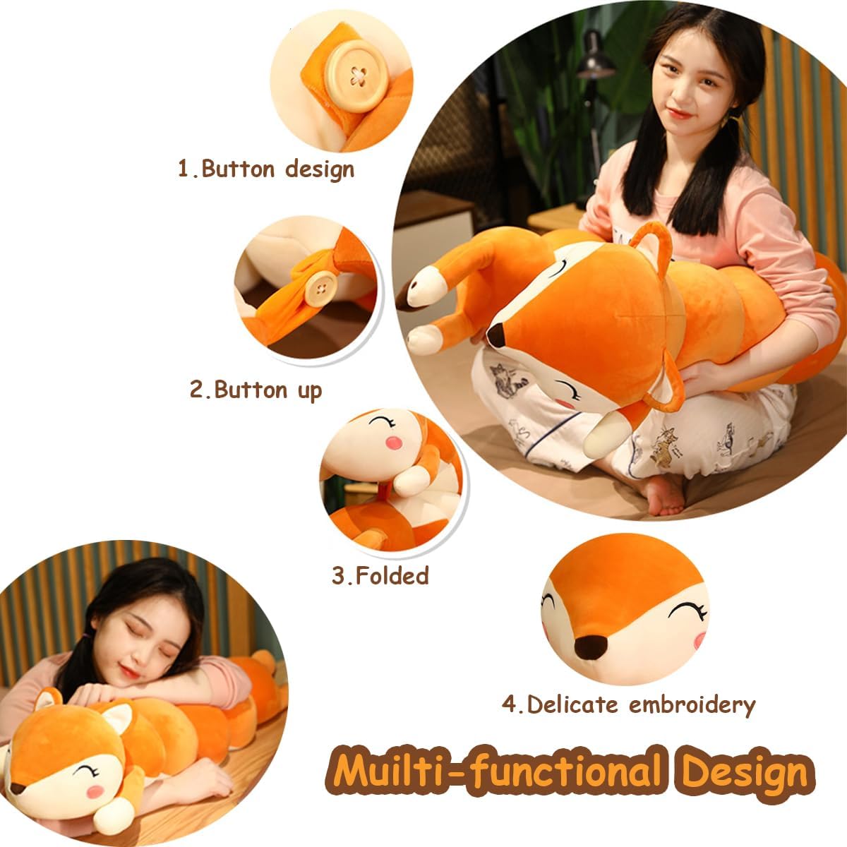 Whlo4U Fox Stuffed Long Pillow Fox Caterpillar Stuffed Fox Stuffed Neck Pillow Home Decoration Christmas Valentine Birthday Kids Adults (Fox, 42 inches)
