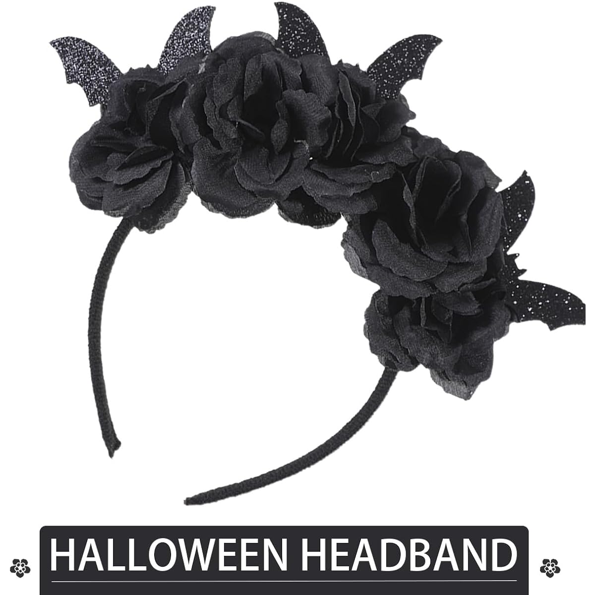 Halloween Bat Rose Headband Glitter Bat Wings Headpiece Black Bat Ears Rose Flower Hair Hoop Women Floral Headband Girls Hair Band Halloween Party Favors Costume Funny Cosplay Props Decoration
