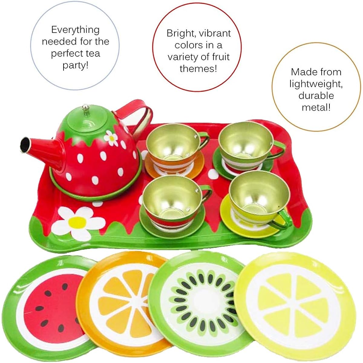 Nature Garden Picnic Tin Tea Party Set for Kids - Metal Teapot and Cups Kitchen Playset