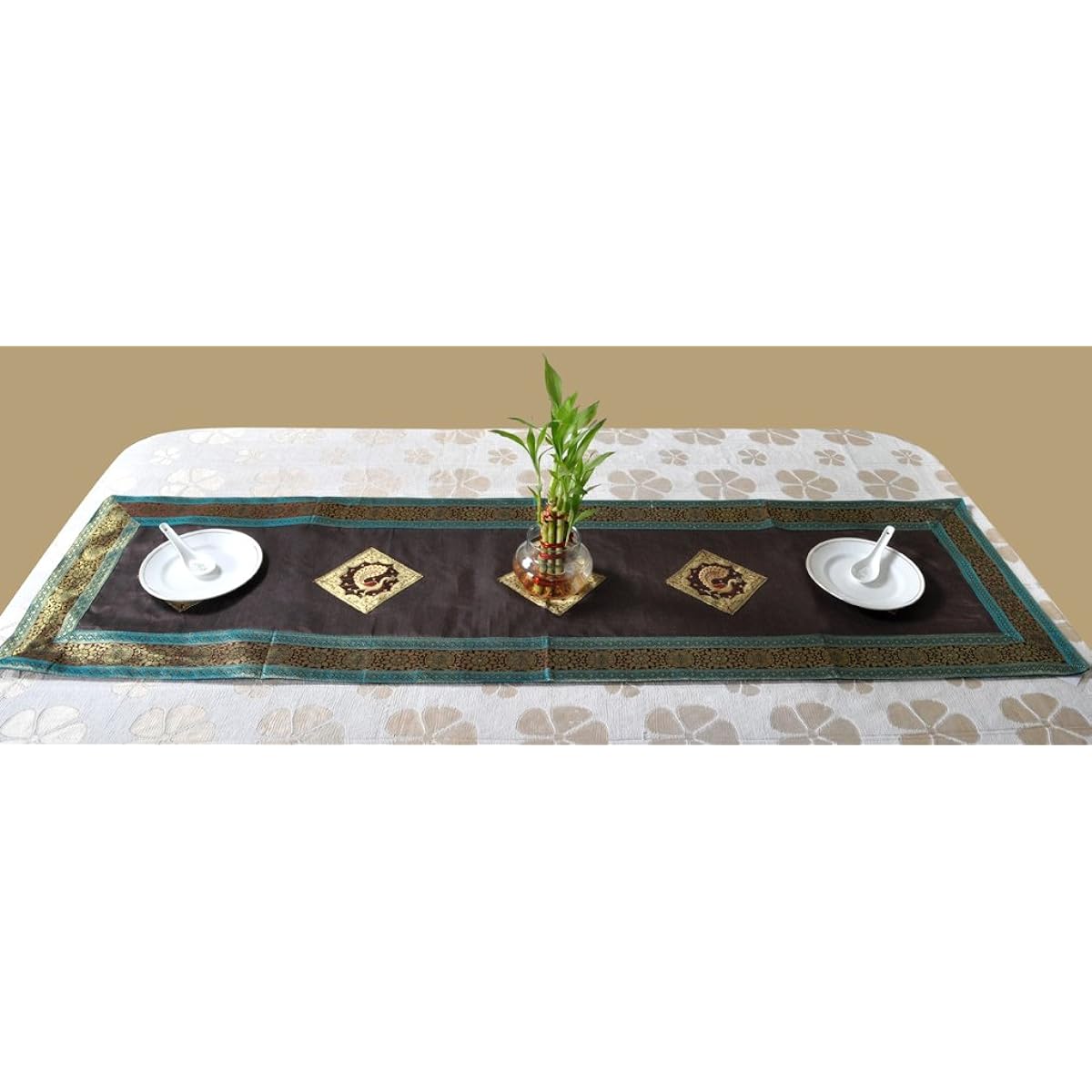 Lalhaveli Indian Peacock Design Silk Brown Wedding Decorative Table Runner 152 x 41 Cm