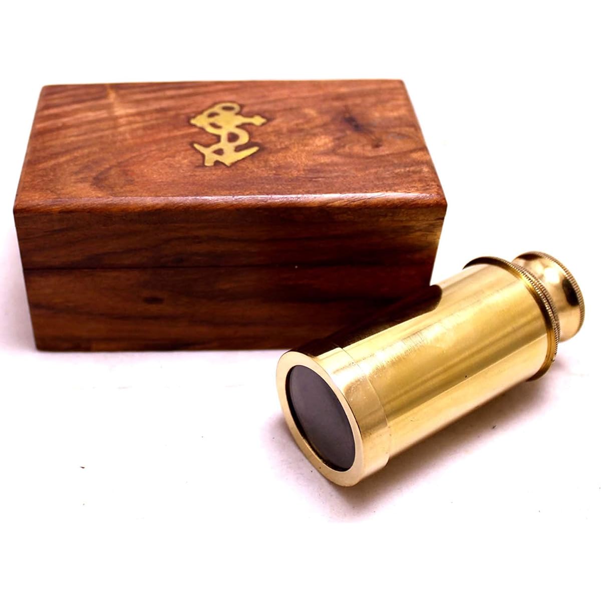 Captains 15cm Brass Handheld Mini Telescope with Wooden Box Nautical Collectibles