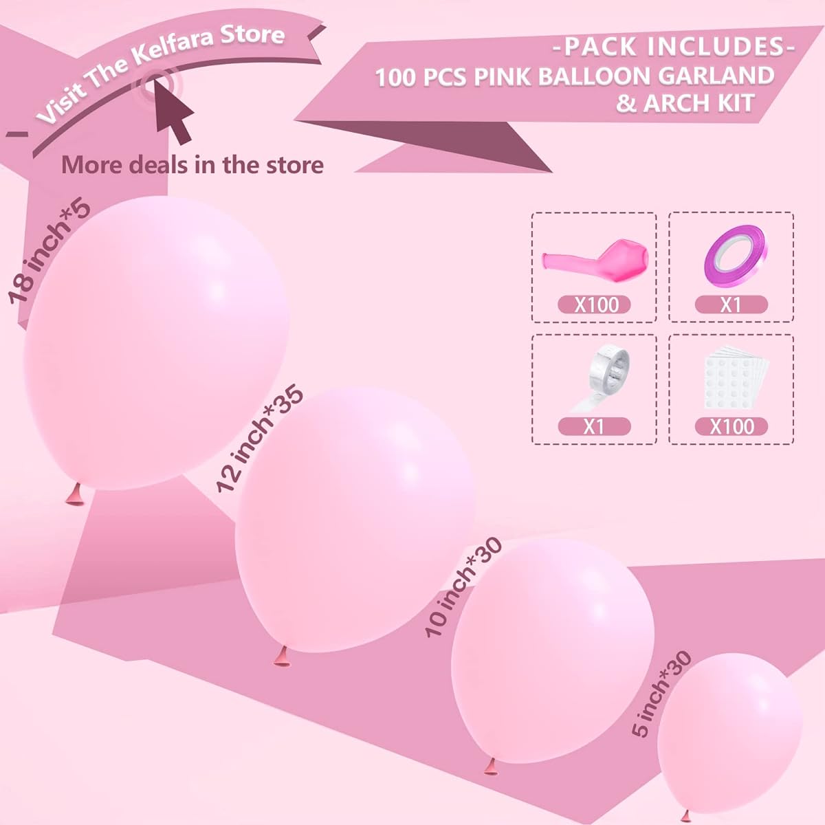 Kelfara Light Pink Balloons Party Arch Garland Kit 100 Pieces Different Size Latex Balloons (18/12/10/5 inch) Pink Theme Wedding Birthday Anniversary Valentine's Day Party Decoration Balloons