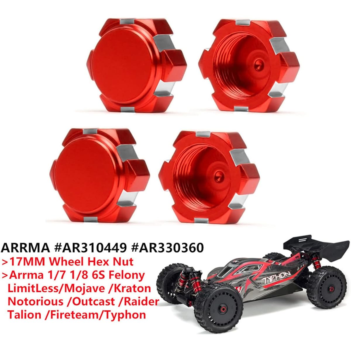 Aluminum 17mm Wheel Nut Thread 1.0mm Upgrade Parts for RC Car Arrma 1/7 1/8 6S Outcast Raider Talion Typhon Limitless Mojave #AR310449 AR330360 4pcs/Set(Red)