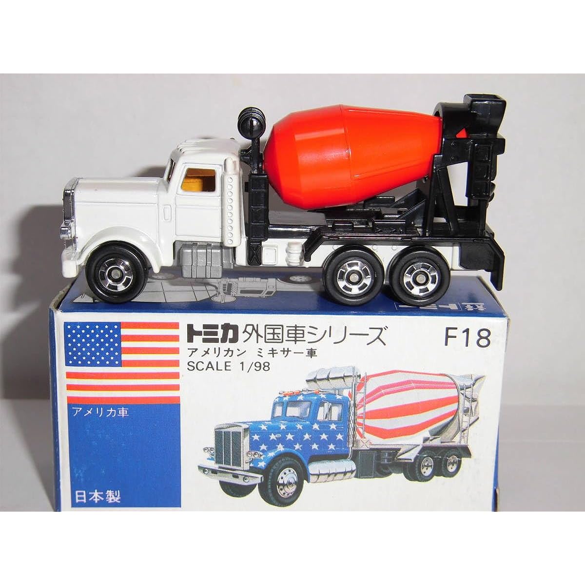 F18-2-12 Export American Mixer Truck: AMERICAN MIXER White cab/orange window/black loading platform/red drum/silver chassis