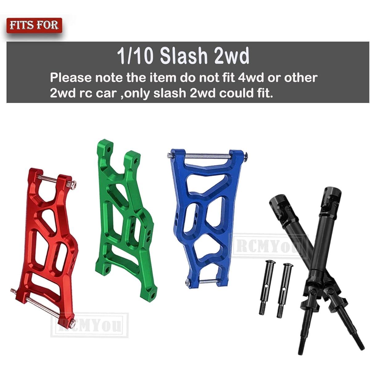 RCMYou RC Aluminum Front Rear Suspension A-Arm Stainless Steel Drive Shaft Axle CVD Upgrade Parts for 1/10 Traxxas Slash 2WD RC Car Upgrade Parts Hop-Up with Tie Bar & Wheel Hex Red