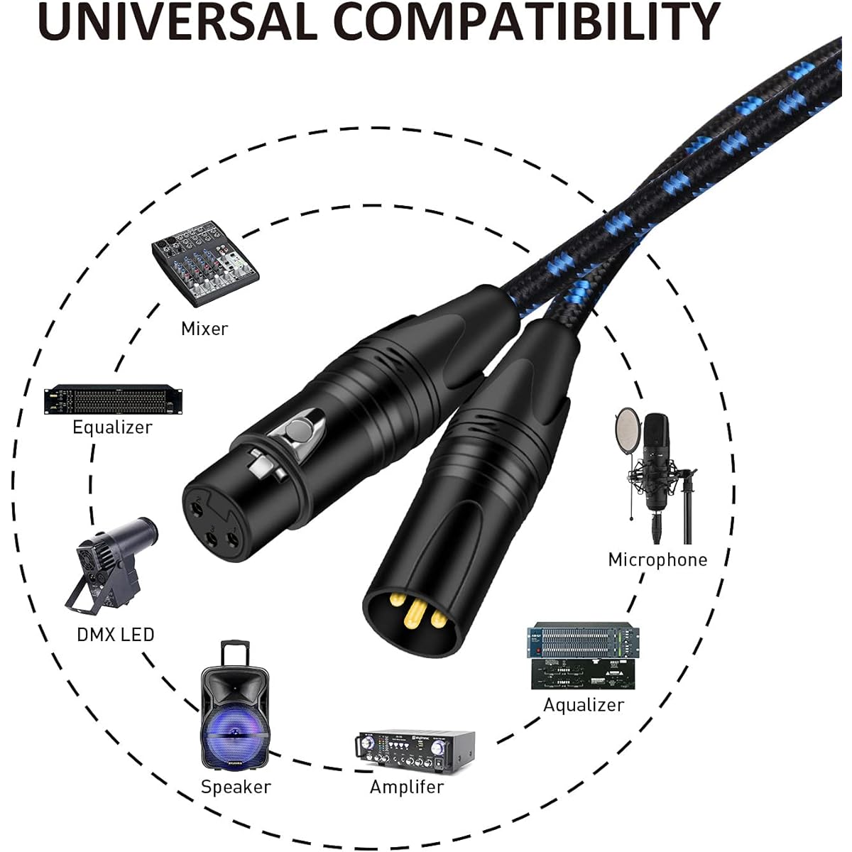 DREMAKE 100ft XLR Microphone Cable 3 Pin XLR Male to Female Microphone Audio Cable Black Blue Tweed Braided Balance DMX AMP Instrument Patch Cord for Mixing Board Speaker System Pro Audio Preamp