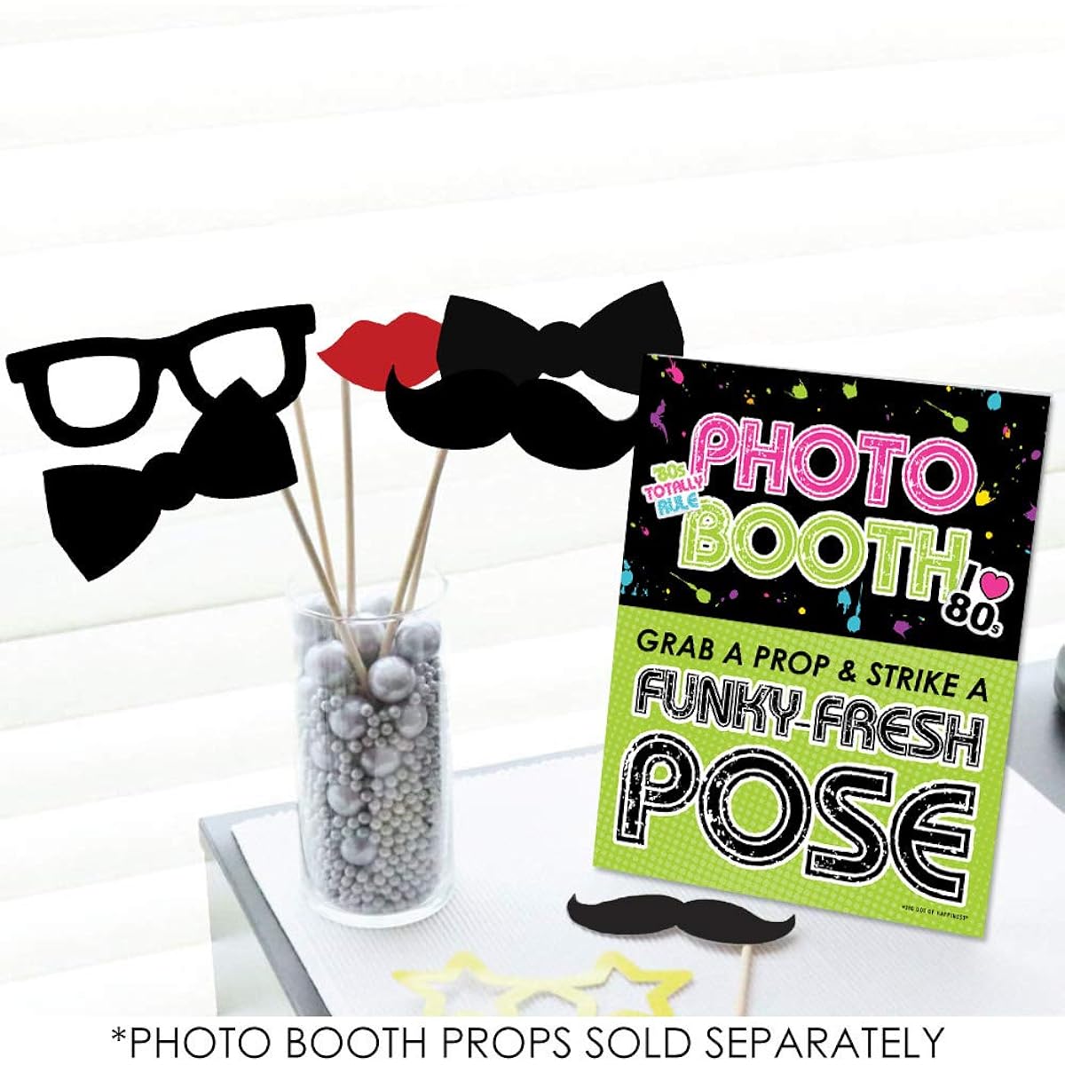 Big Dot of Happiness 80's Retro Photo Booth Sign - 1980's Party Decorations - Printed on Sturdy Plastic Material - 10.5 x 13.75 Inches - Sign with Stand - 1 Piece