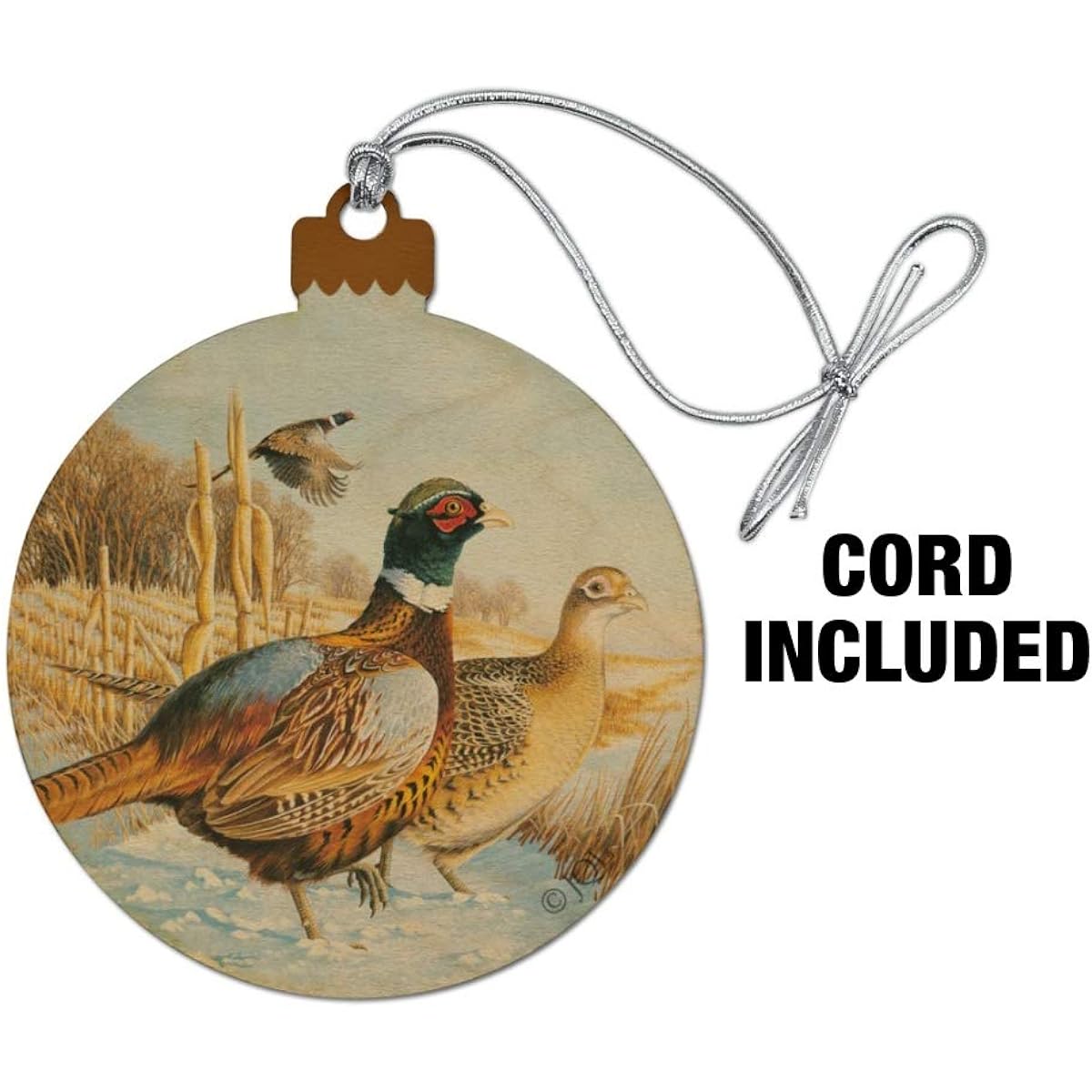 Snowy Farm Pheasant Wood Christmas Tree Holiday Ornament