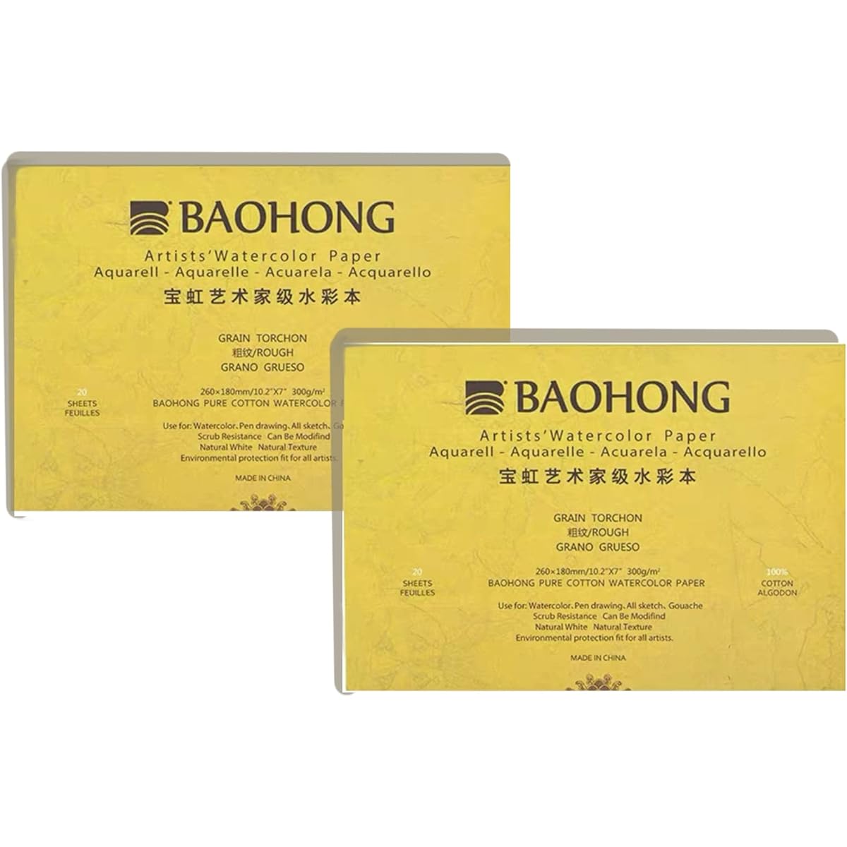 BAOHONG Artist Watercolor Blocks 2 Pack 40 Pieces 100% Cotton Acid Free 140lb/300GSM Cold Pressed Texture Ideal for Watercolor Techniques (2 10.2"x7" Coarse Grain Blocks)