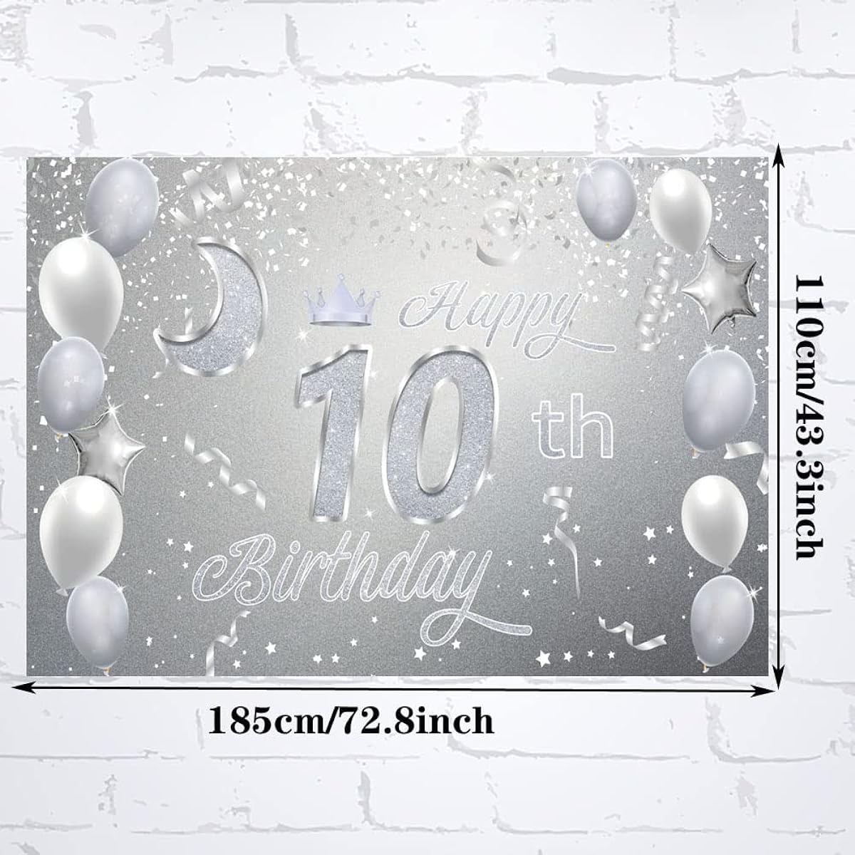 Sweet Happy 10th Birthday Backdrop Banner Poster, 10th Birthday Party Decorations, 10th Birthday Party Supplies, 10th Photo Background for Girls, Boys, Women, Men, Silver, 72.8 x 43.3 Inch