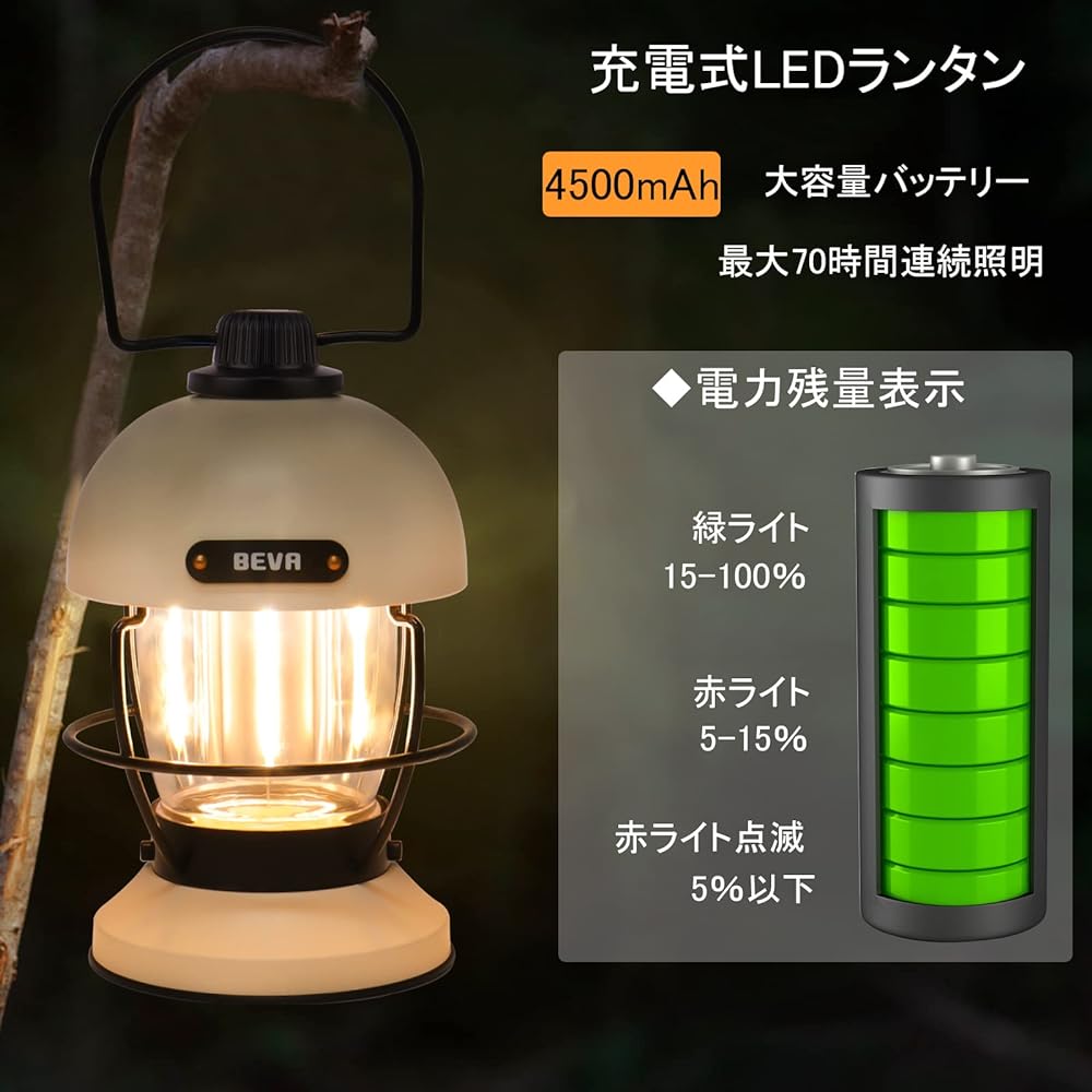 LED Lantern, Rechargeable, BEVA Camping Lantern, LED, Rechargeable, 4,500 mAh, Large Capacity Battery, 7-70 Hours of Lighting, Daylight, Daylight White, 3 Color Switching, Stepless Dimming, IPX4