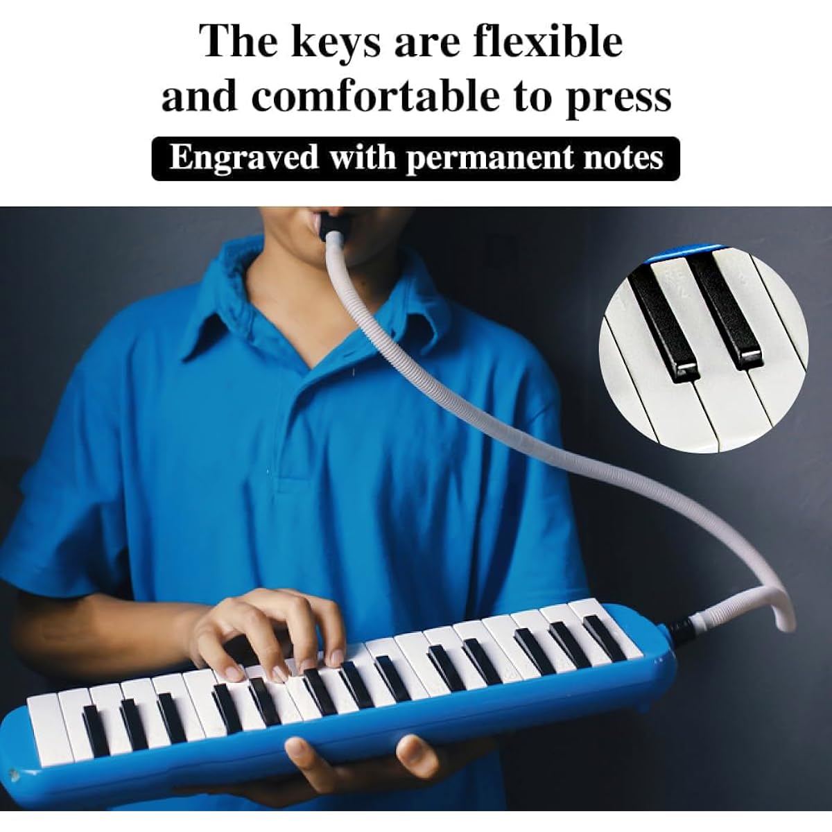 Eavnbaek 32 Key Melodica Instrument Soprano Melodica Air Piano Keyboard Piano 2 Soft Long Tubes 2 Short Mouthpieces Carry Bag (Blue)