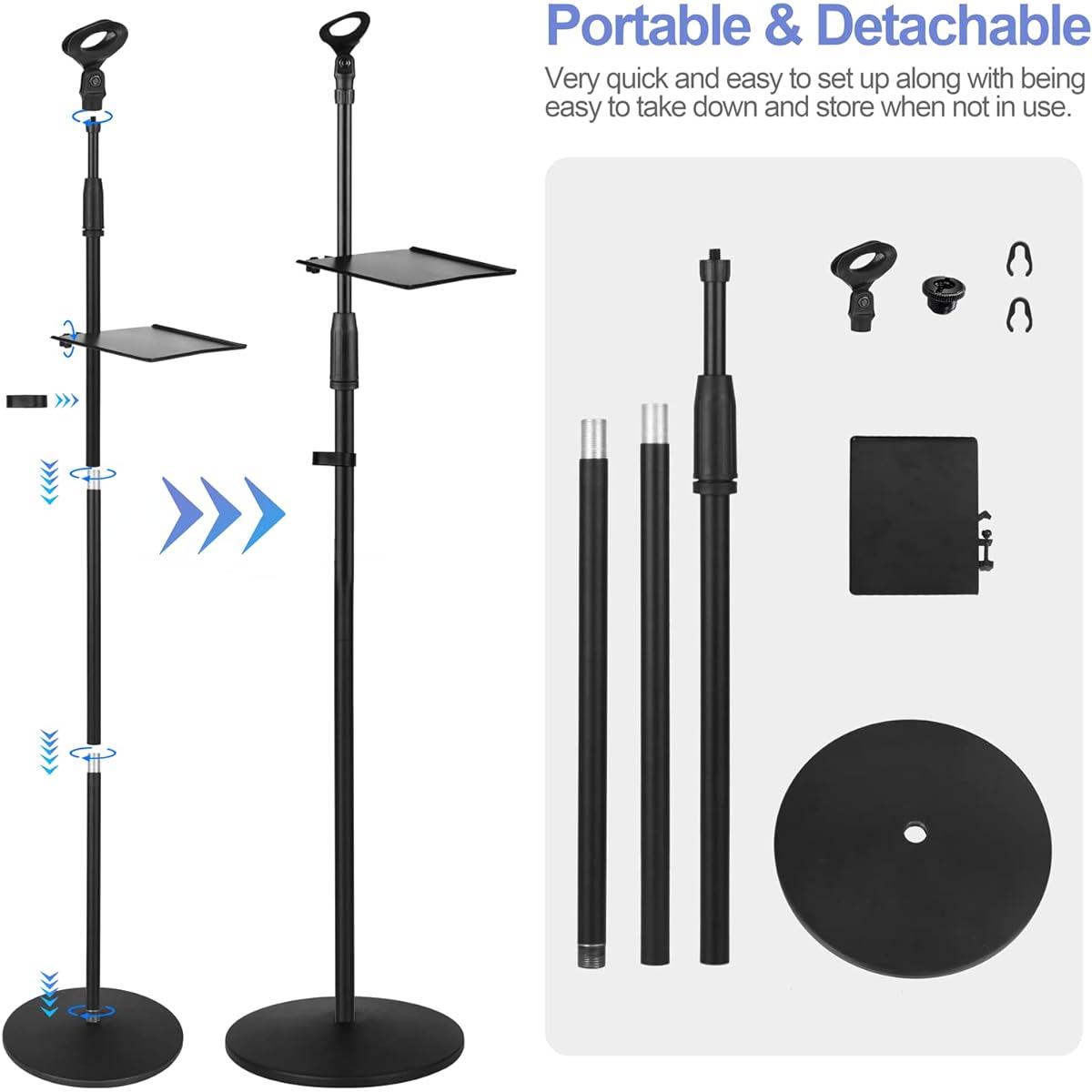 OUKMIC Microphone Stand Adjustable Karaoke Microphone Holder for Singing Universal Floor Standing Detachable Mic Stand Weighted Round Base Cable Clip Barrel Mic Clip and Tray for Kids/Adults