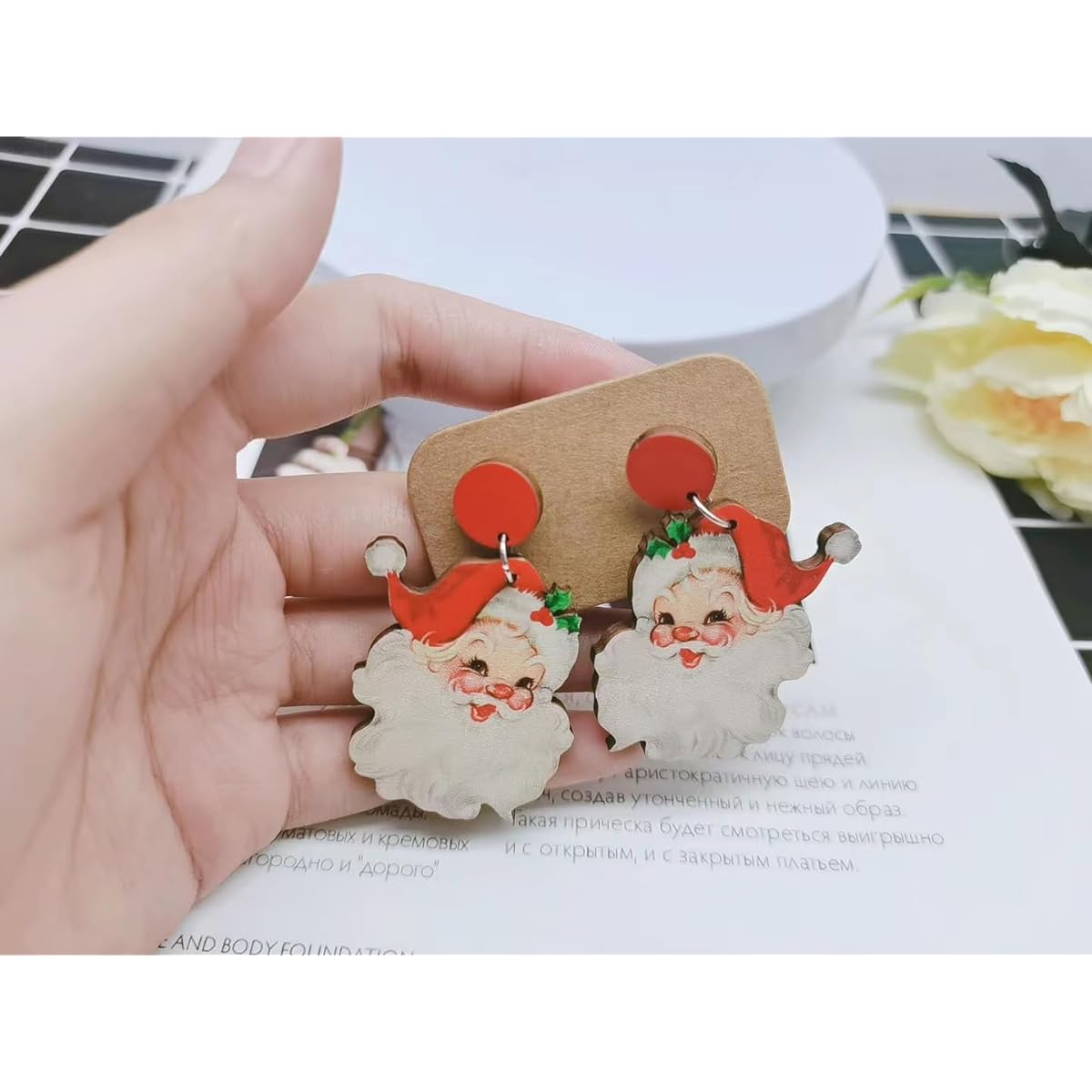 Women's Christmas Earrings Red Pink Wooden Santa Earrings Cowboy Hat Christmas Santa Drop Earrings Christmas Jewelry Holiday Earrings for Women Girls