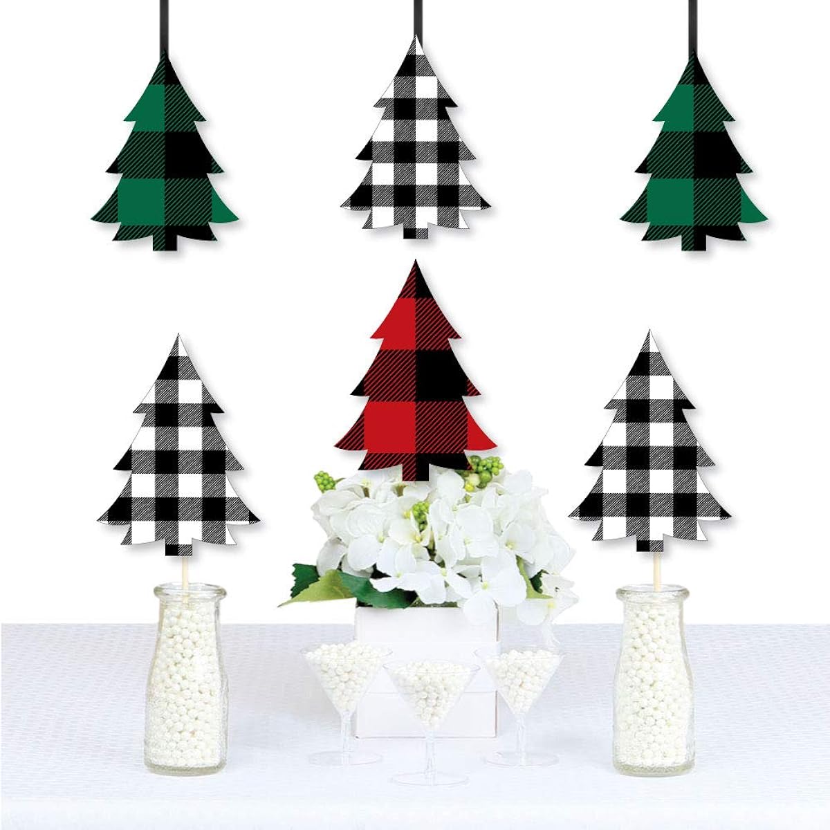 Big Dot of Happiness Holiday Plaid Trees - Decorative DIY Buffalo Plaid Christmas Party Essentials - Set of 20