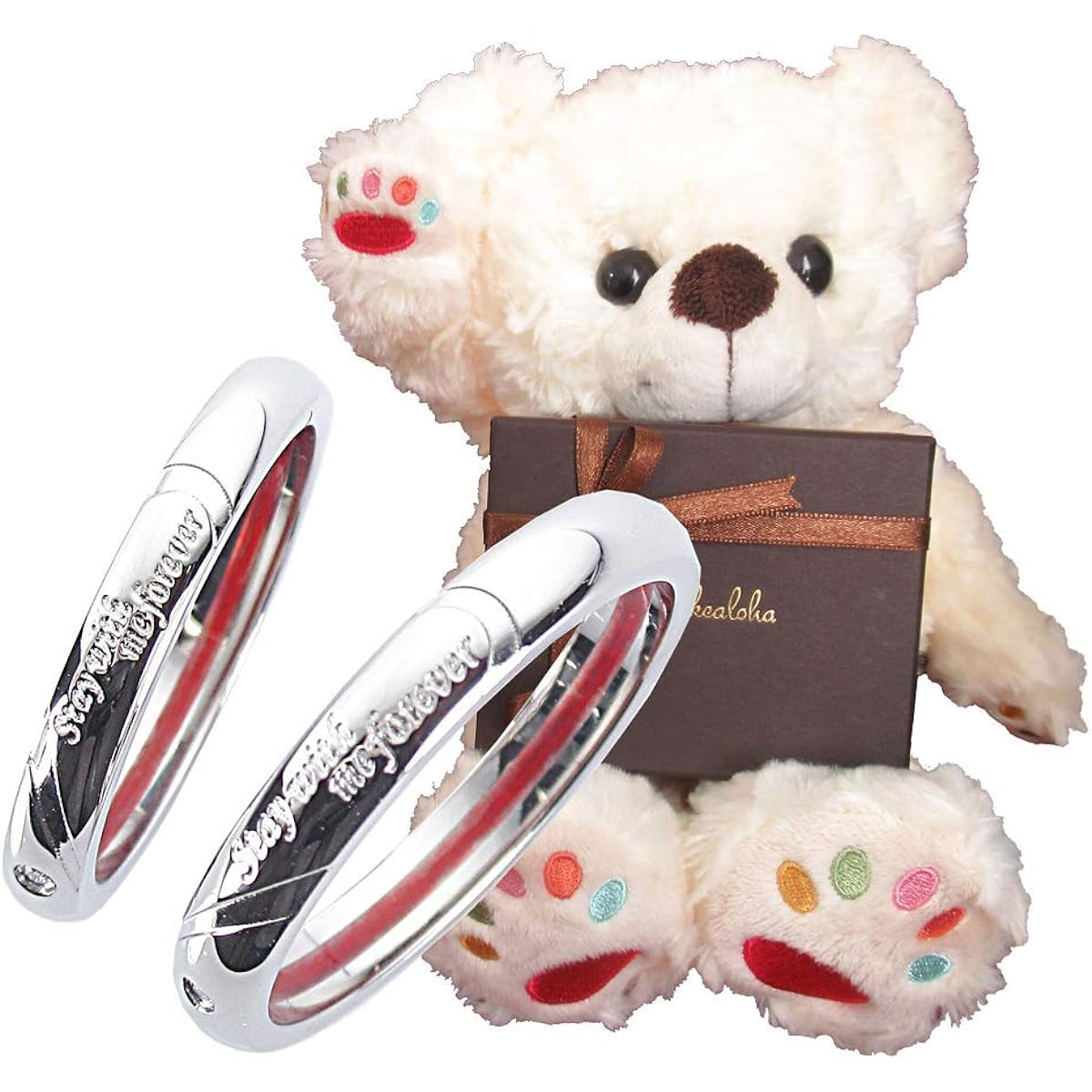 Comes with a stuffed toy, uses real red thread, pair rings, bear, share heart, couple, stainless steel, hypoallergenic, birthday, anniversary, present, gift, wrapping, lover, friend, family