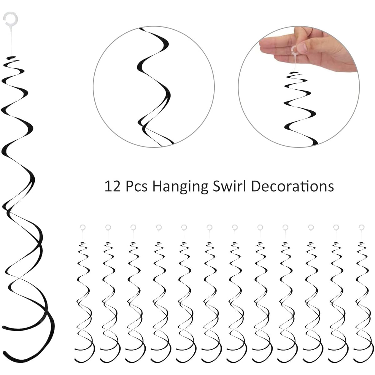 12pcs Hanging Swirl Decorations Plastic Streamers Party Swirl Spiral Decorations Ceiling Wedding Baby Shower Birthday Party Supplies (Black)