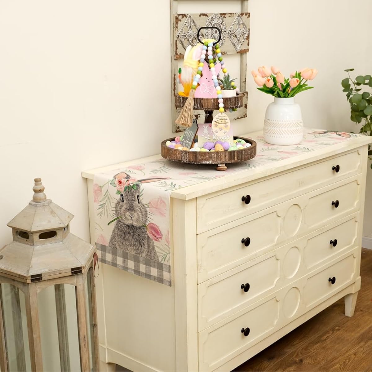 ARKENY Easter Table Runner 72" Rabbit Tulips Coffee Home Dining Indoor Seasonal Spring Holiday Farmhouse Tabletop Decor AT383