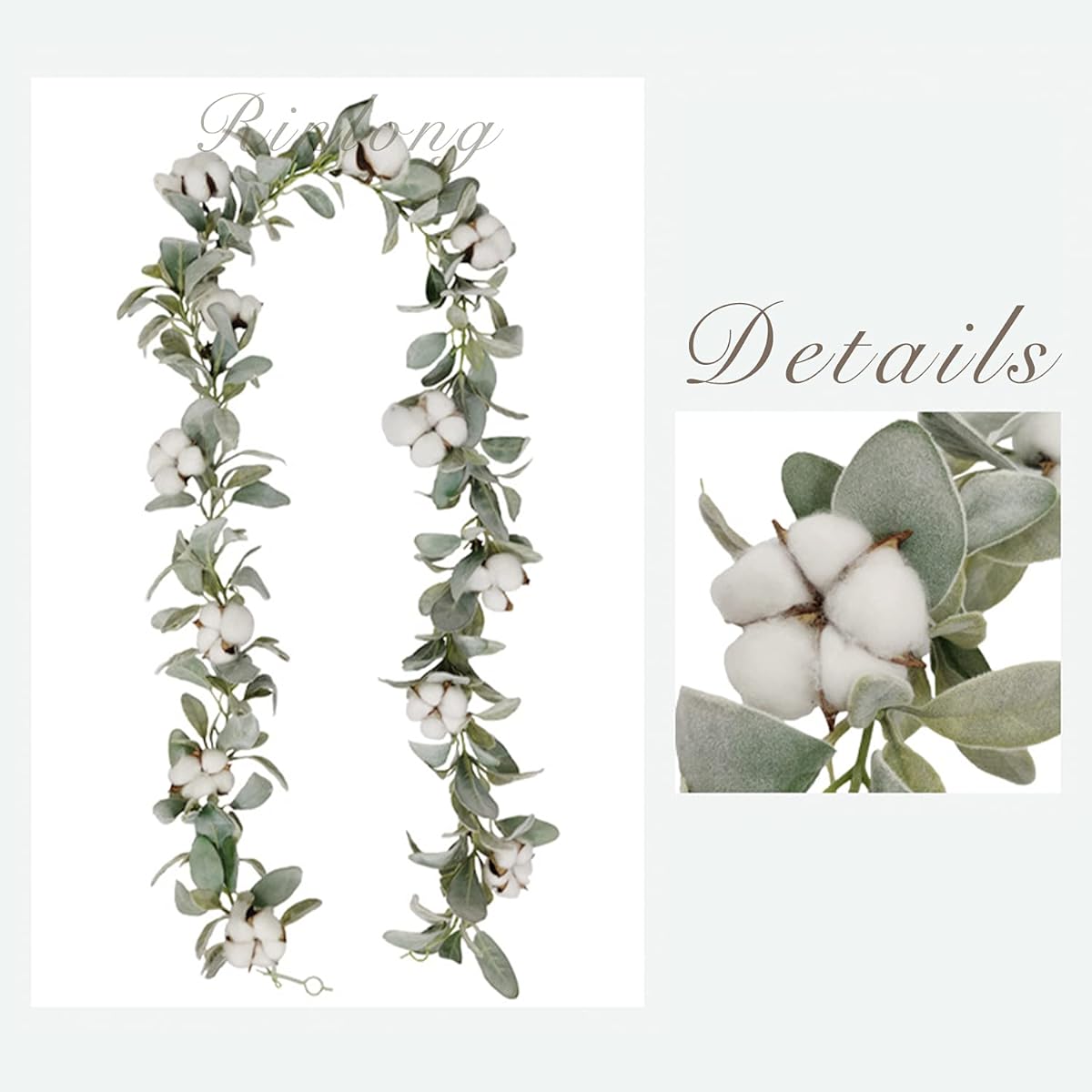 Rinlong Artificial Sheep Ear Greenery Garland Faux Cotton Eucalyptus Hanging Leaf Farmhouse Garland Greenery Vine Table Wedding Thanksgiving Fall DIY Wreath Neutral Decor