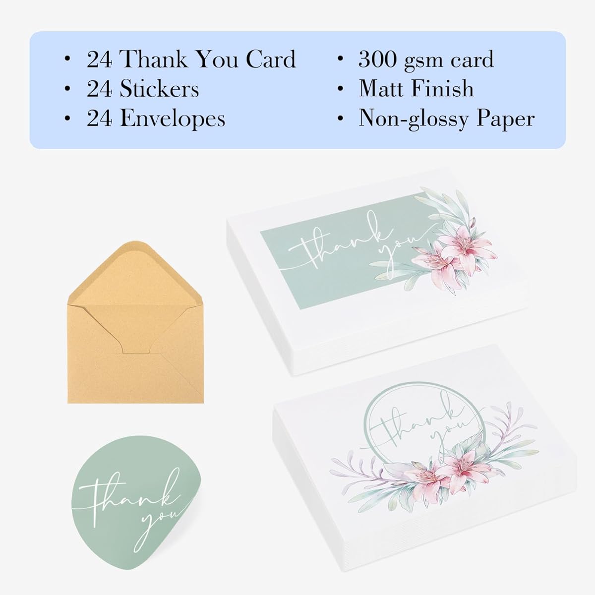 NESCCI 24 PCS Thank You Cards With Envelopes,4x6 Inch Minimalistic Design, Thank You Notes for Wedding,Bridal Shower, Business, Baby Shower, Small Business, Funeral, Graduation(Light Green)