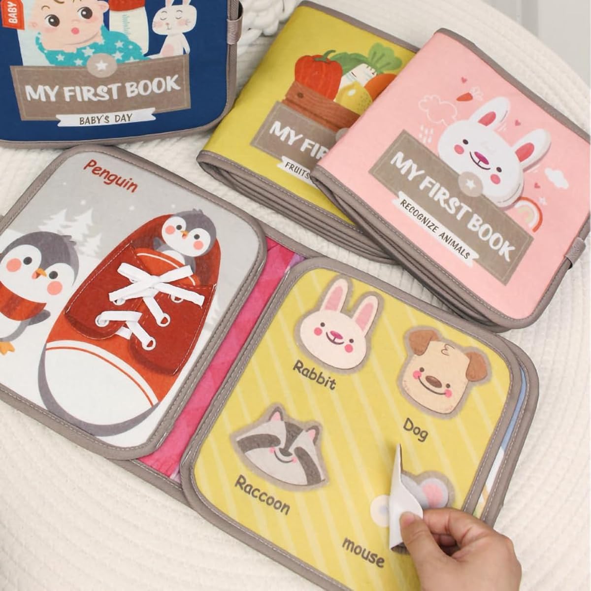 Button Moon - Full of fun gimmicks! Cloth picture book, sticker book, outing cloth picture book, Montessori, baby/animals/fruits & vegetables theme, educational toy, soft book, tear-resistant, cloth toy, finger play, baby shower gift, present