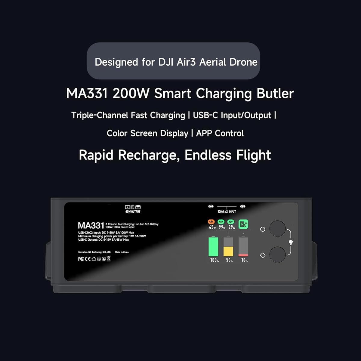 ISDT MA331 RC Charger for DJI Air 3 Series 200W 3 Channel Smart Battery Charger with APP Connection/LCD Display Discharge