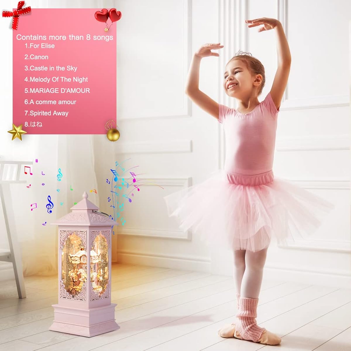 VITAKEO [360 Degree Double Rotating Spinning Carousel Horse Music Box Light for Girls, Women, Kids, Mom, Daughter, Granddaughter, Christmas & Birthday Gifts - Pink Battery & USB Operated (11.4"x4.1")