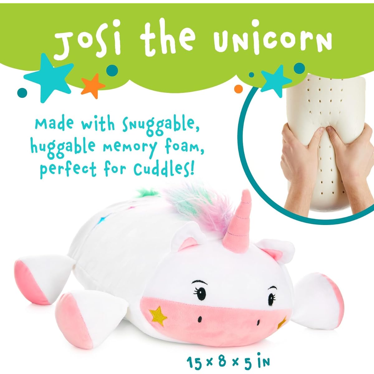 MEMORY MATES Joshi Unicorn Memory Foam Plush Pillow with Kids Diary, Belly Pocket Storage, 15" Stuffed Animal Plush, 6" Journal