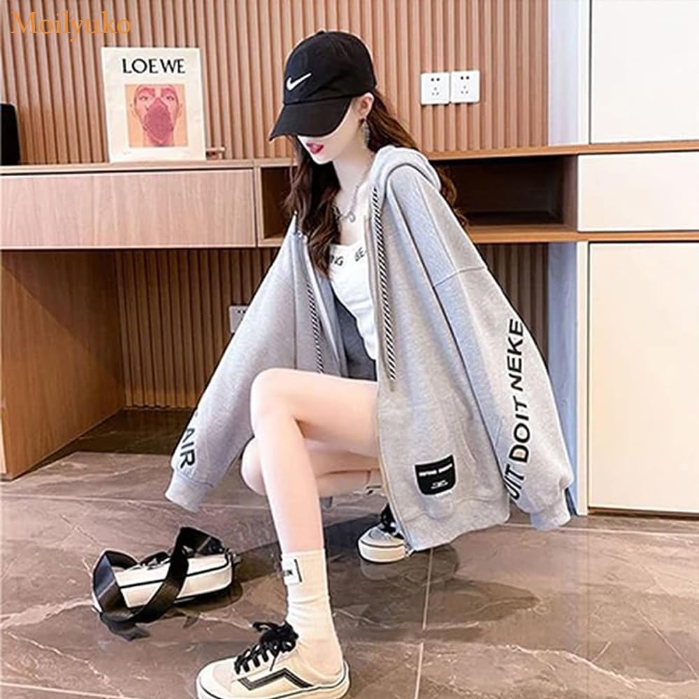 Moilyuko Women's Oversized Parka, Zip, Long Sleeve, Thin, Loose, Korean Style, Fashion, Casual, Spring, Autumn, Winter Tops Mo74