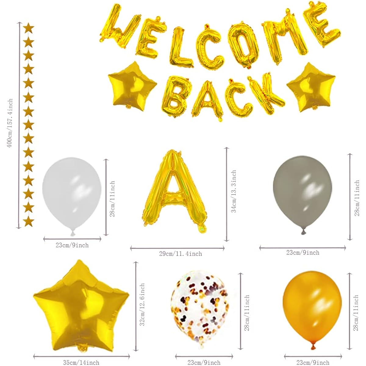 56 Pieces Welcome Back Balloon Banner Decoration Kit, Gold Welcome Back and Star Banner, Gold Silver Confetti Glitter Balloons, Star Shape Balloons for School Classroom, Wedding, Home Party Decoration