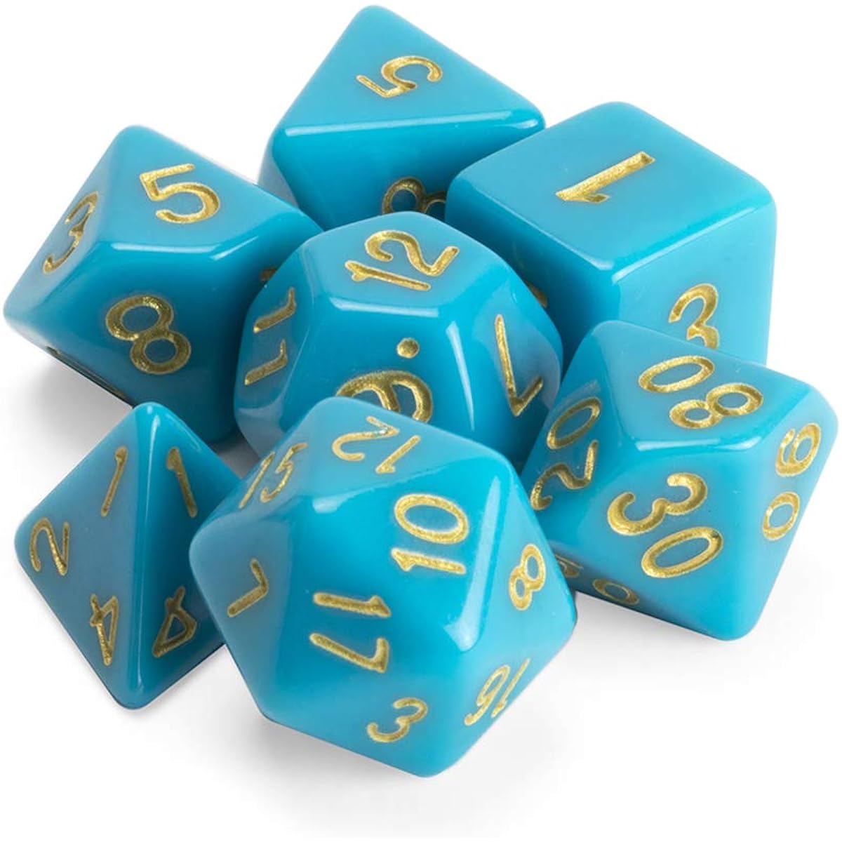 Wiz Dice Skystone Set of 7 Polyhedral Dice, Solid Blue Turquoise Tabletop RPG Dice with Clear Display Box