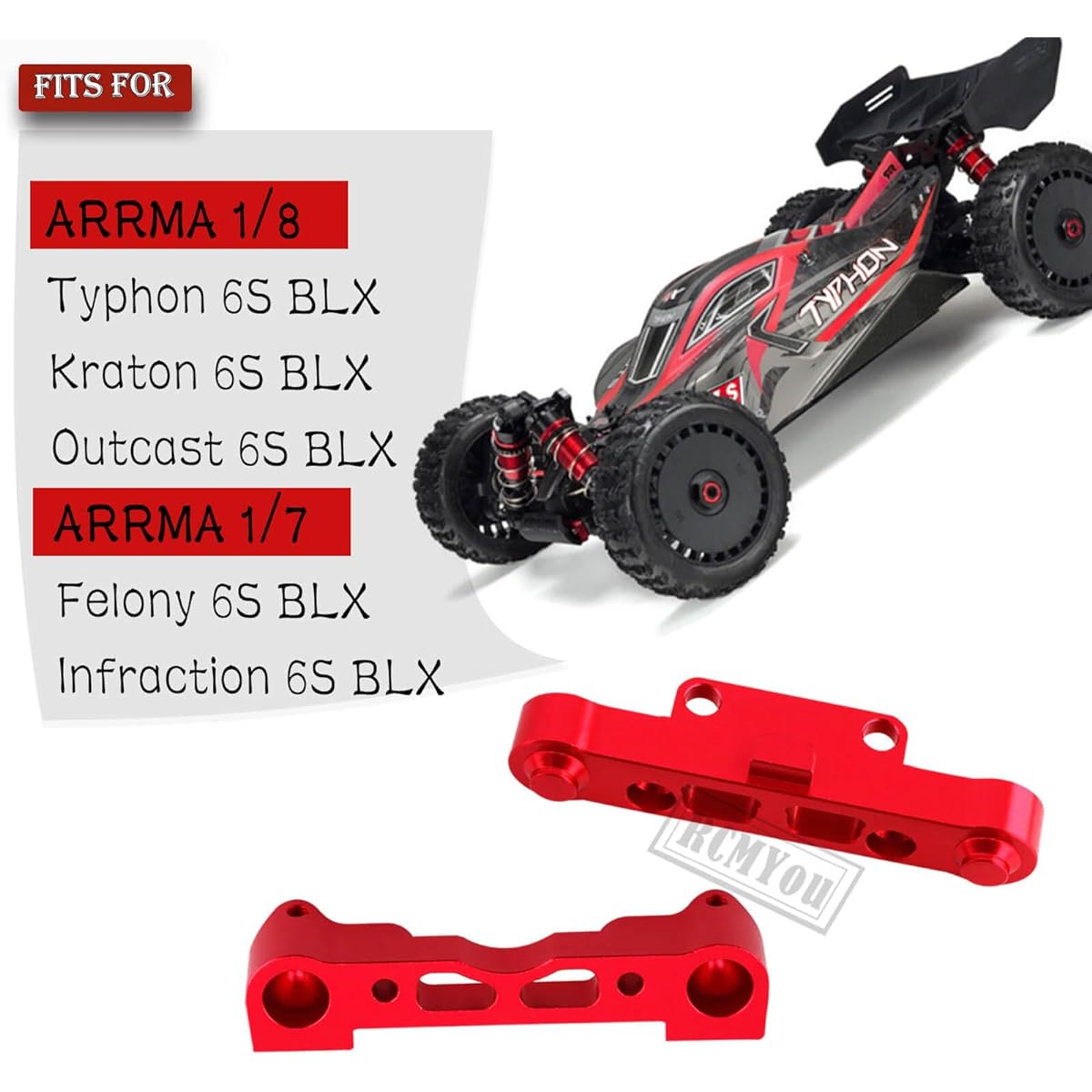 RCMYou Alloy Arm Suspension Mount Upgrade Parts for Arrma 1/8 Karton 6s, Outcast 6s, Typhon 6s / 1/7 Felony 6s, Infraction 6s, Aluminum Front Lower/Front Upper/Rear Lower Arm Suspension Mount, Red