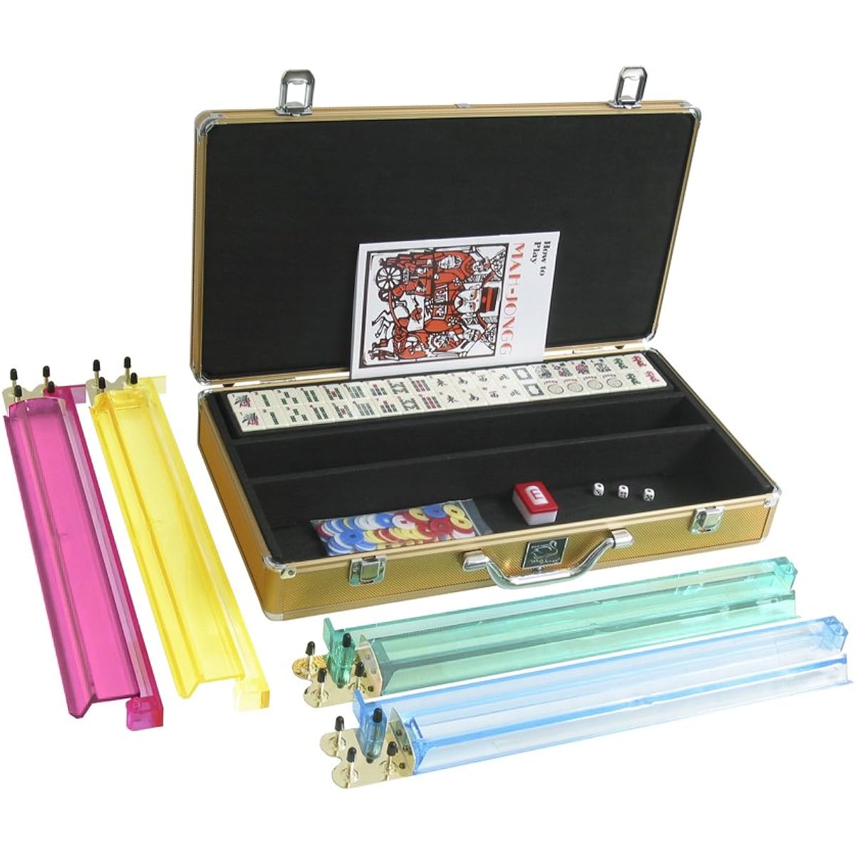 White Swan Mah Jongg (TM) - Ivory Tiles - Pusher Arms - Aluminum Case - Gold