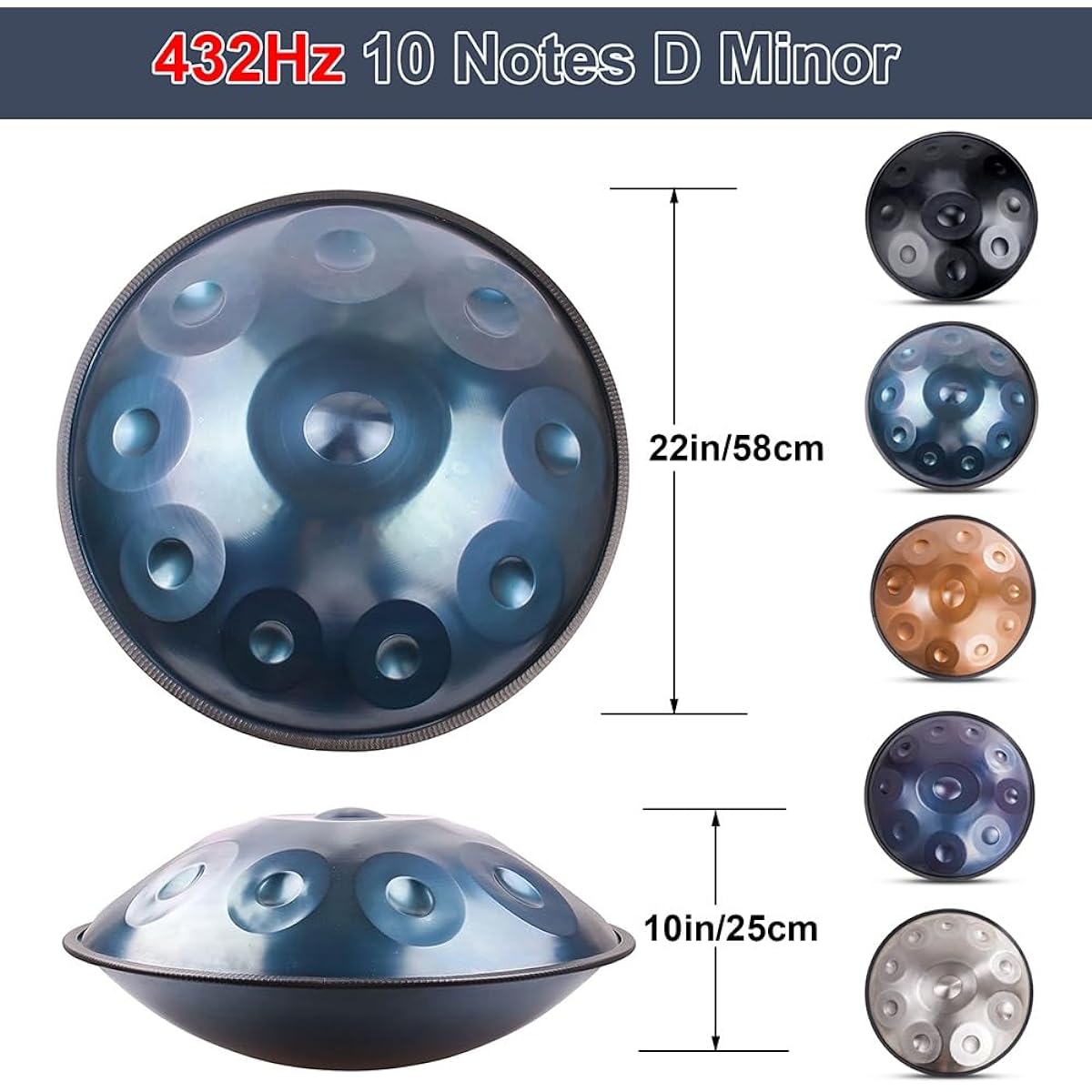 432Hz/440Hz Handpan Drum Steel Drum 58cm D Minor Handpan Drum Handpan Drum Instrument 10 Tones D3/A3/Bb3/C4/D4/E4/F4/G4/A4/C5 (Color: Purple, Size: 432Hz)