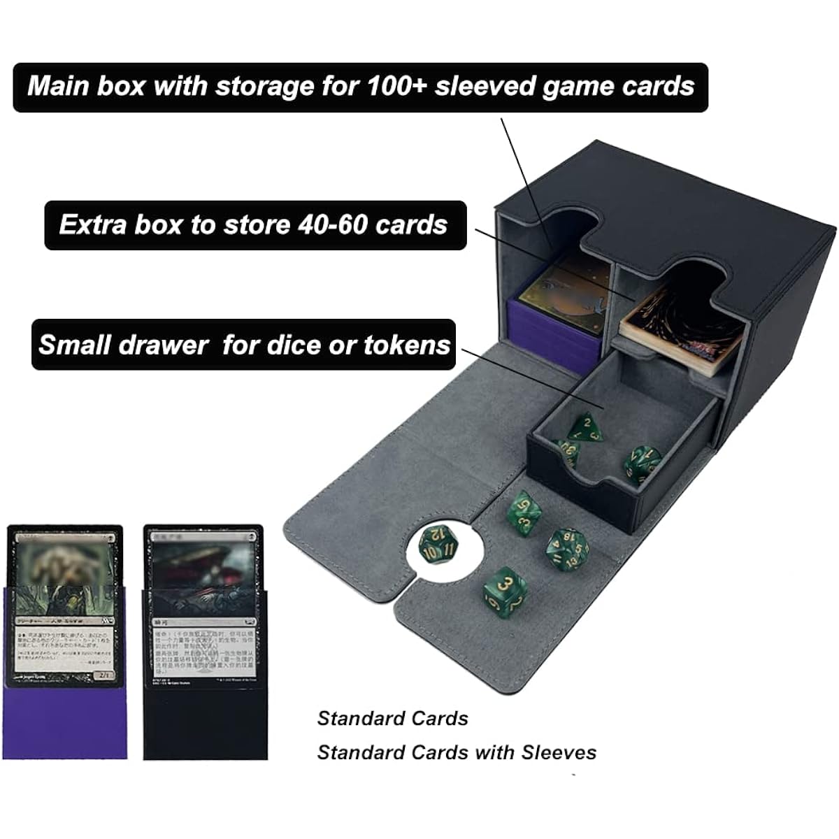 Vorinclex Card Deck Box Commander Deck Box, 7 Dice, 100 Sleeves, Holds Over 200 Trading Cards, Compatible with CCG/TCG, Trading Card Storage Box for All Trading Card Games