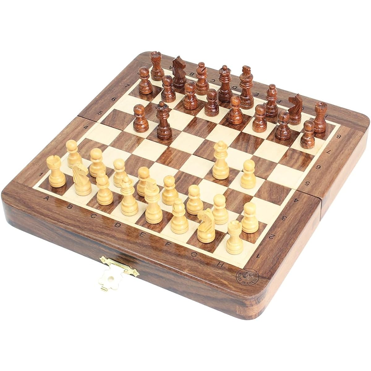 House of Chess - 6.5" Wooden Magnetic Folding Travel Chess Set | Board - Algebraic Notation - 2 Queens - Handmade - Premium Quality (Golden Rosewood/Maple Wood)