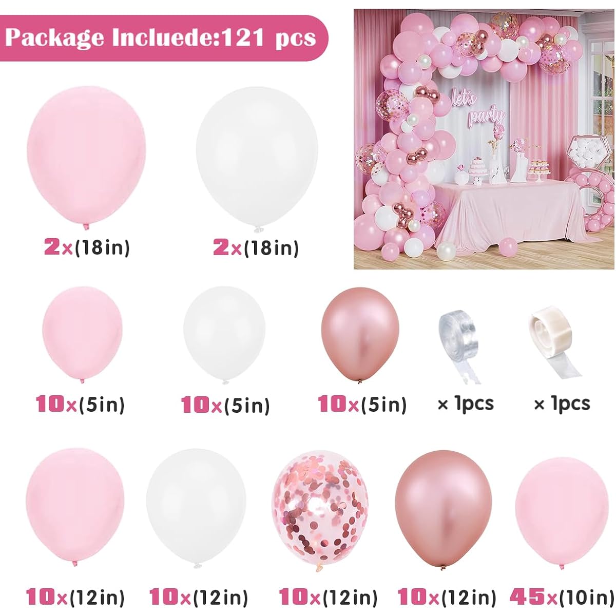 SKEFOLI Pink Balloon Garland, 121pcs Light Pink and White Balloon Arch Kit with Pink Confetti Balloons, Matte Pink Party Decorations for Girls Women Birthday Bachelorette Wedding Baby Shower