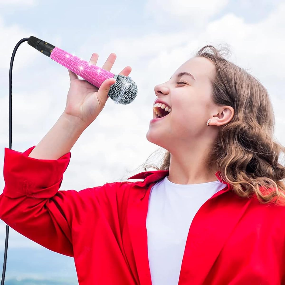 RhymKawa RS58 Pink Bling Cardioid Dynamic Vocal Wired Microphone for Singing Karaoke Microphone with Metal Handheld & Glitter Crystal Cover
