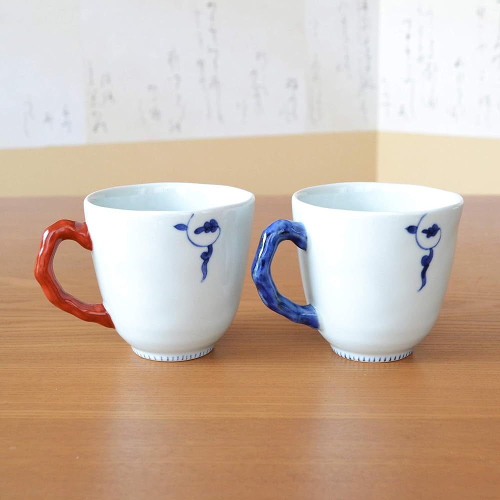 Pair of mugs, gift boxed, Arita ware, microwave safe, coffee cup, flower obi arabesque, made in Japan