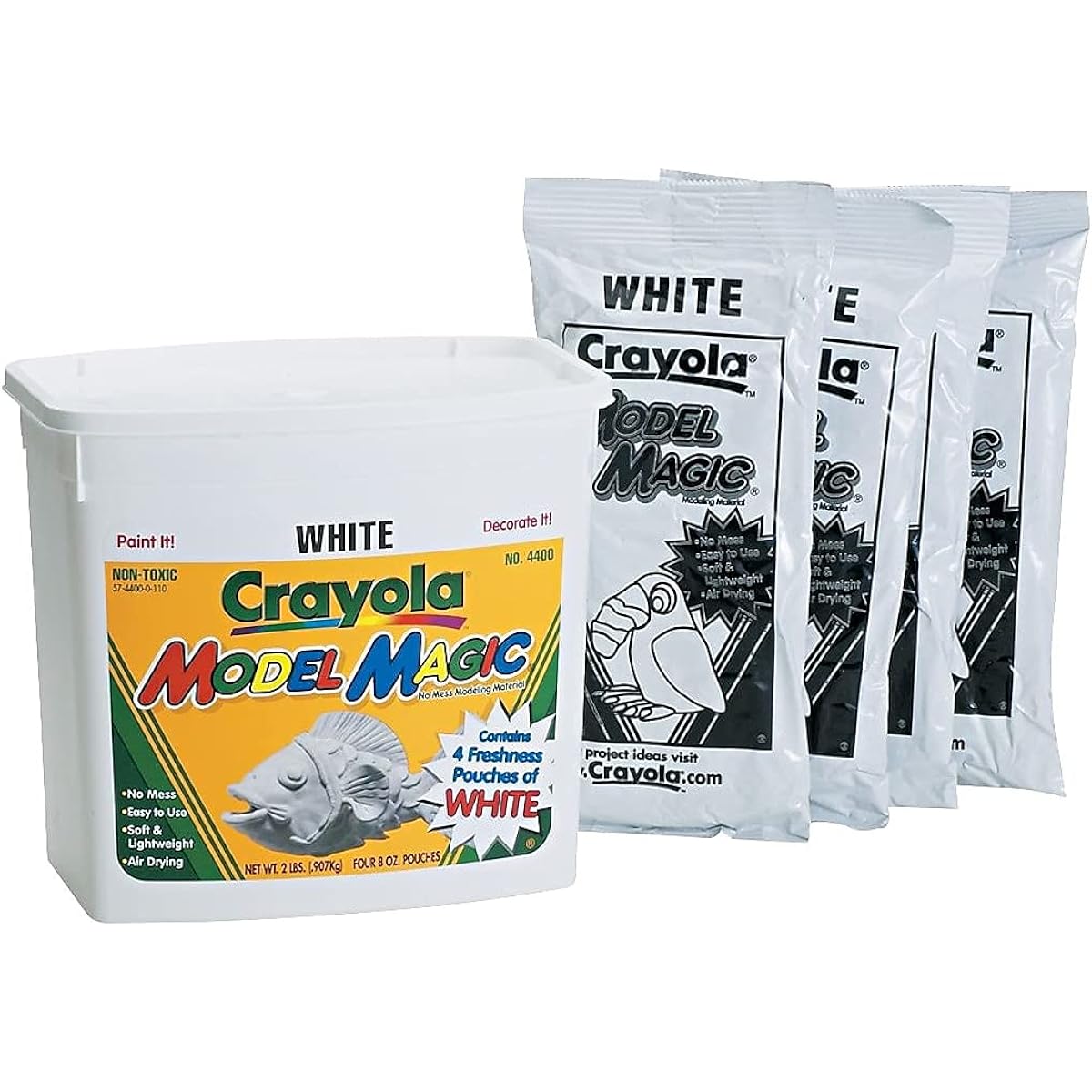 (Case of 2 Boxes, White) - Crayola 57-4400 Model Magic Modelling Compound, 0.9kg. Bucket, White, Four 240ml Pouches, Case of 2 Boxes
