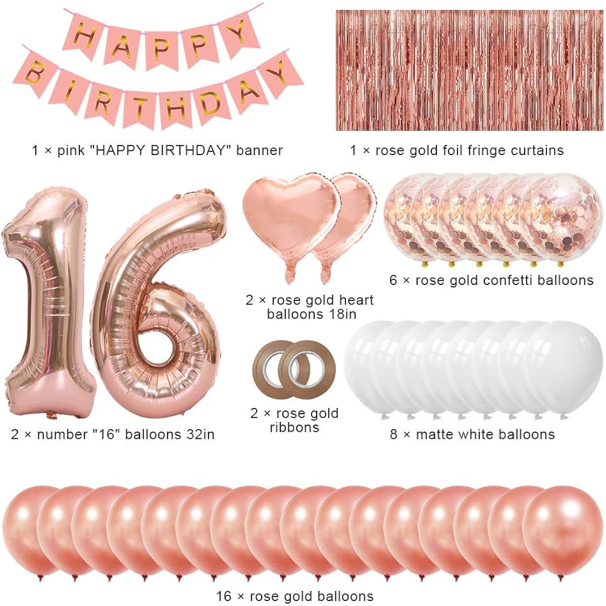 16 Birthday Decorations for Girls, Happy Birthday Rose Gold Banner Balloons, 16th Birthday Party Decorations, 16 Balloons Number