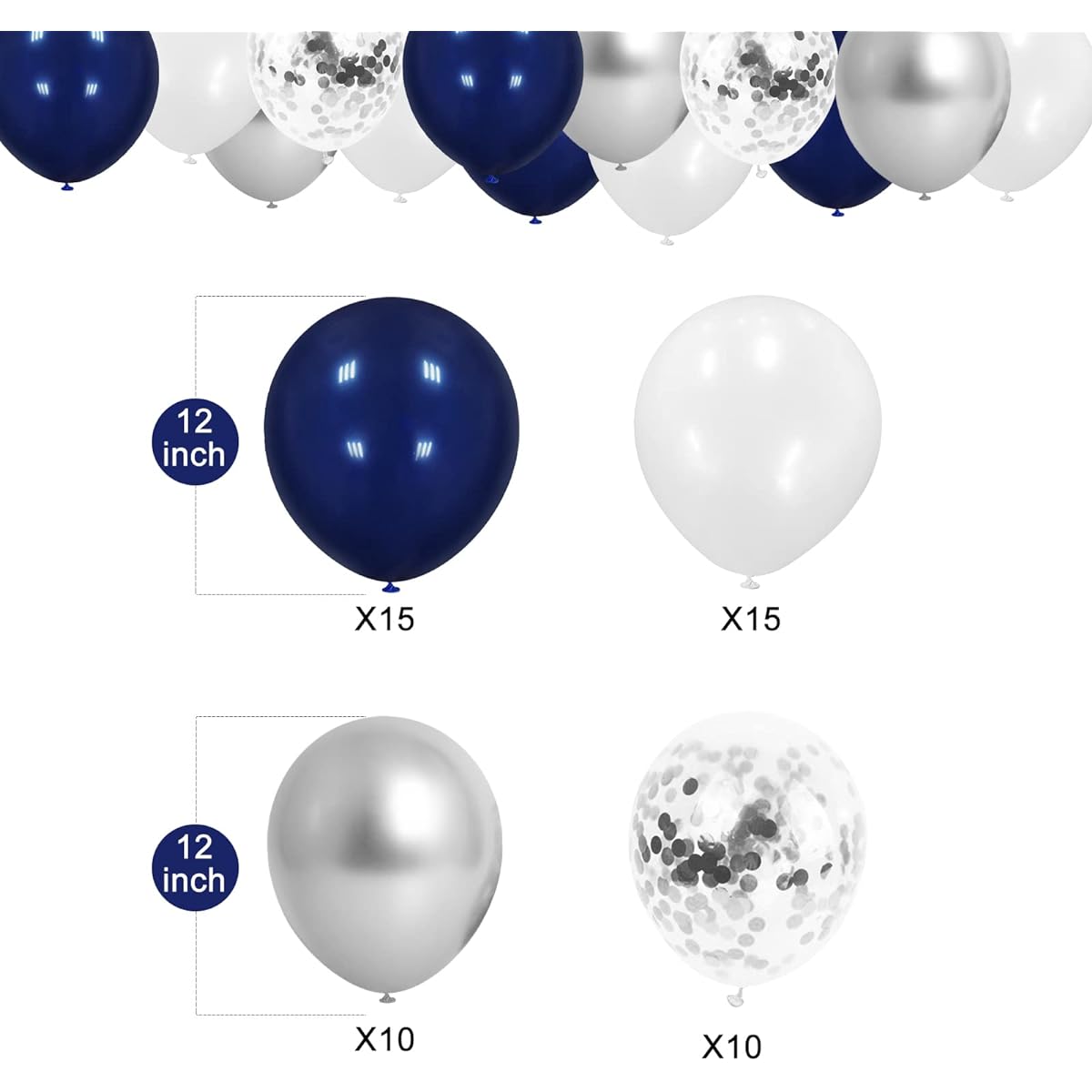 Navy Blue & Silver Confetti Balloons Party Decorations, 12" Metallic Silver and Pearl White Balloons for Birthday Wedding Baby Shower Bridal Shower Party Supplies Latex Balloons (50pcs)