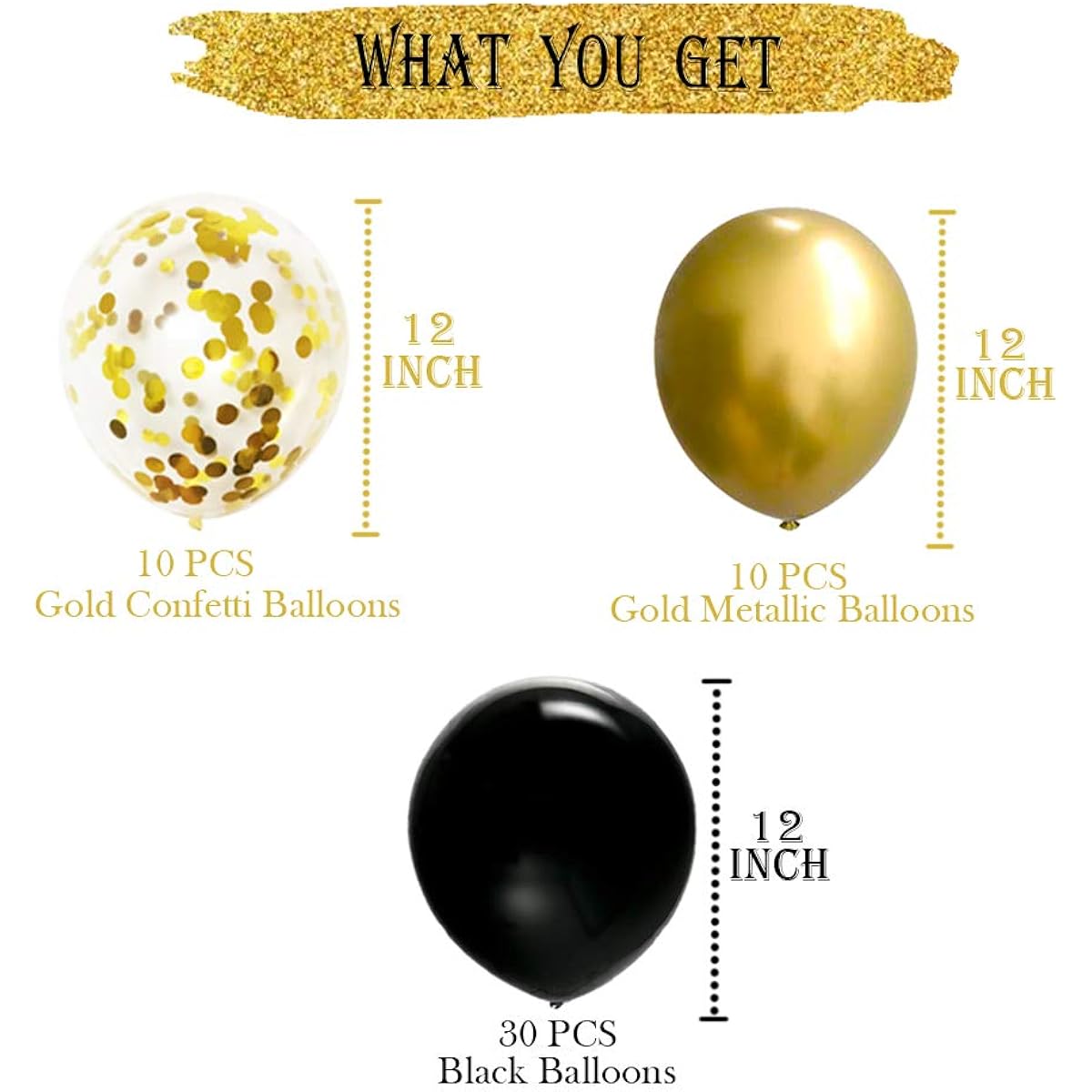 50pcs 12inch Black and Gold Balloons Gold Confetti Balloons Black and Gold Metallic Chrome Latex Balloons for Birthday Party Decorations Graduation Balloons Garland Arch Kit